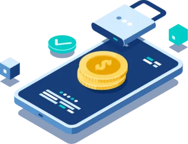 ilustracion telefono movil con iconos de candados y monedas
